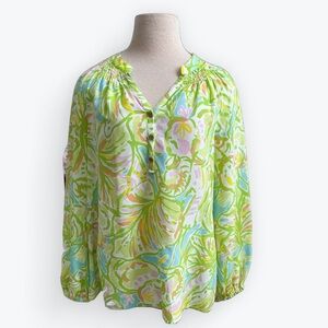 Lilly Pulitzer Elsa Elephant Ears Silk Top XS Greens Pink Yellow
